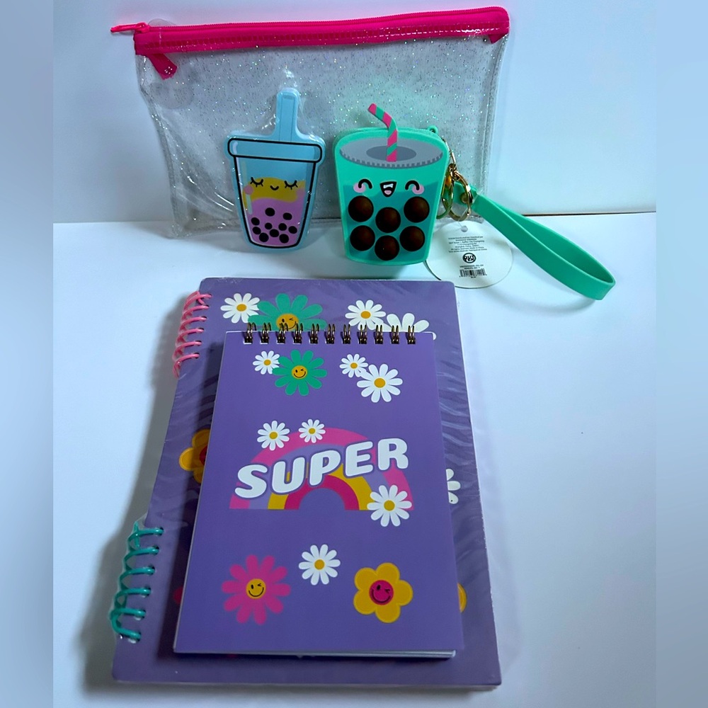 NEW!!! Five (5) Piece Boba Zip Pouch Keychain And Notebook Set Bundle-(NWT)
